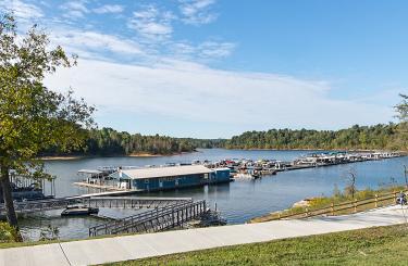 marina with houseboats and fishing boats lined up under blue sky with whispy white clouds